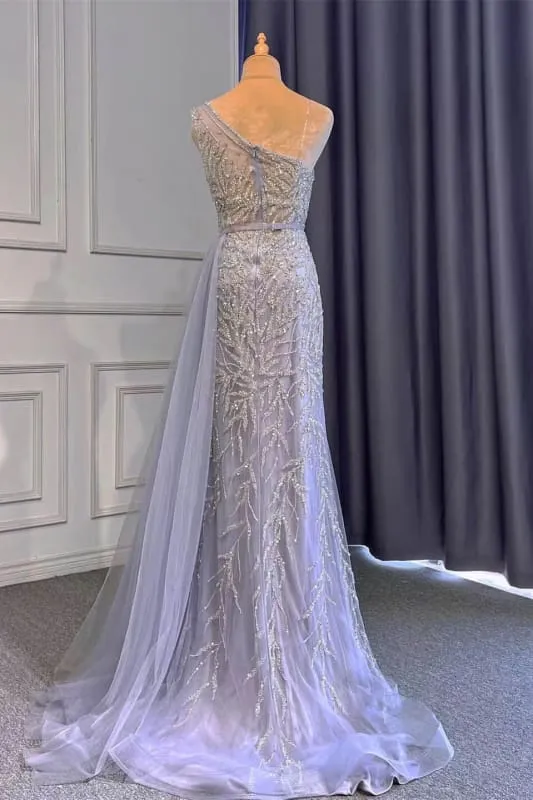 Robe de bal sirène élégante violet clair à une épaule, ornée de perles et de volants