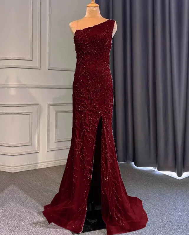 Robe de bal sirène élégante violet clair à une épaule, ornée de perles et de volants