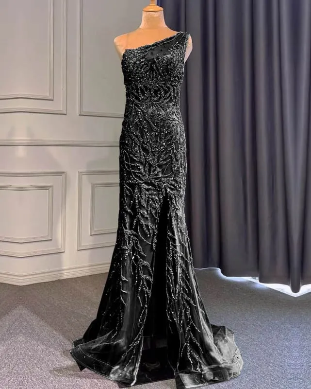 Robe de bal sirène élégante violet clair à une épaule, ornée de perles et de volants