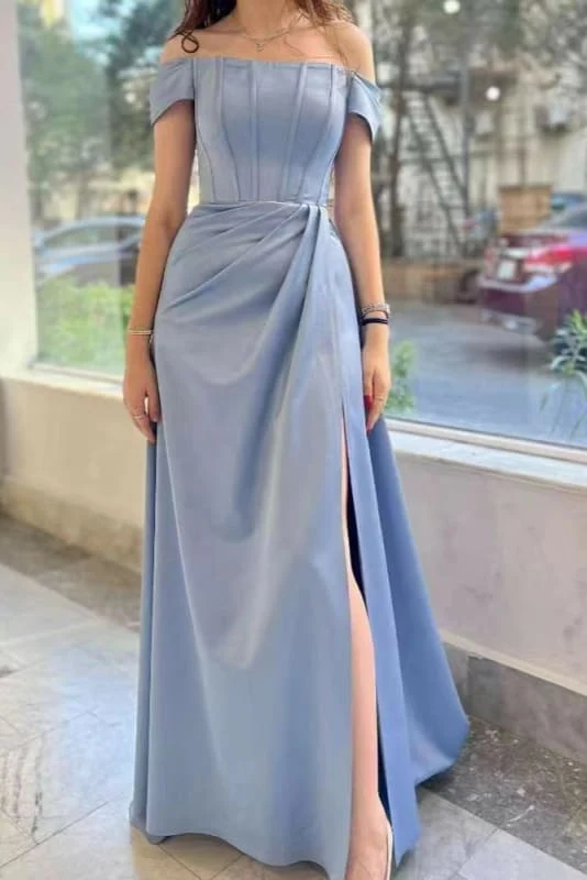 Robe de bal élégante bleu poudré à épaules dénudées avec plis et fente jusqu'aux cuisses