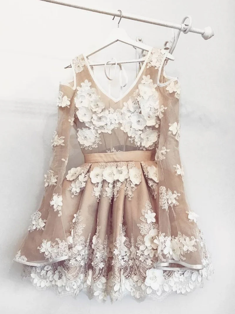 Robe de bal élégante à fleurs champagne et manches longues pour le retour à la maison et la remise des diplômes