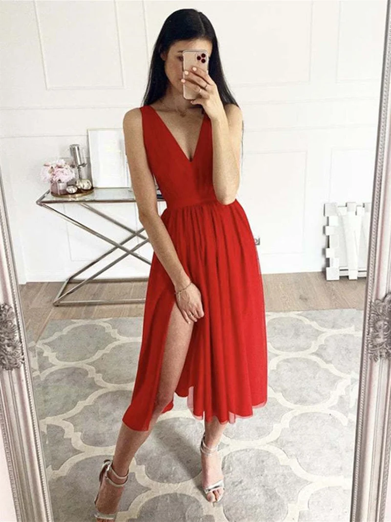 Robe de bal élégante en mousseline de soie rouge, coupe trapèze, col en V, longueur thé, avec fente, pour remise de diplôme
