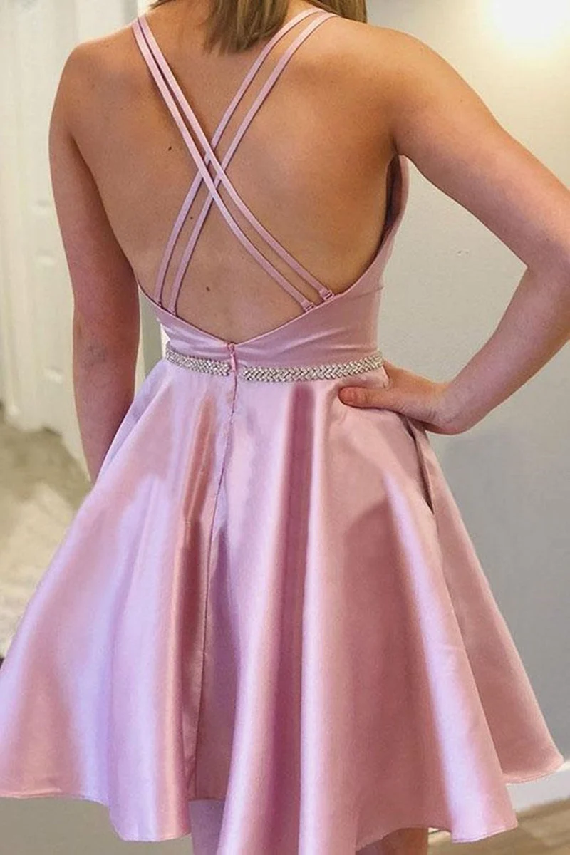 Robe de bal courte en satin rose chic dos nu avec poches pour la remise des diplômes