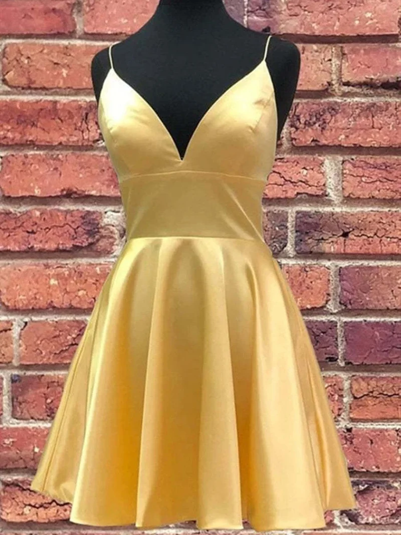 Robe de bal courte en satin jaune, élégante, coupe trapèze, col en V, robe de soirée