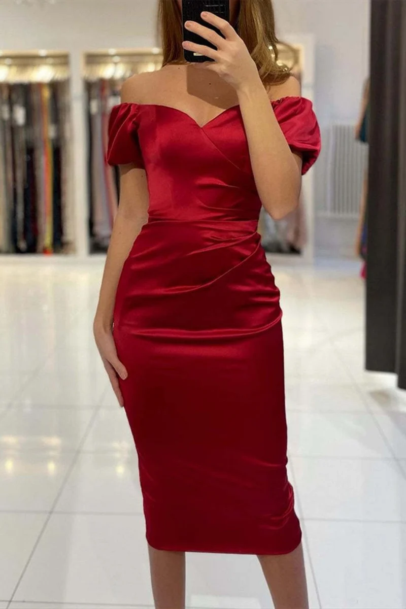 Robe de bal élégante en satin bordeaux à épaules dénudées, longueur thé, pour soirées formelles