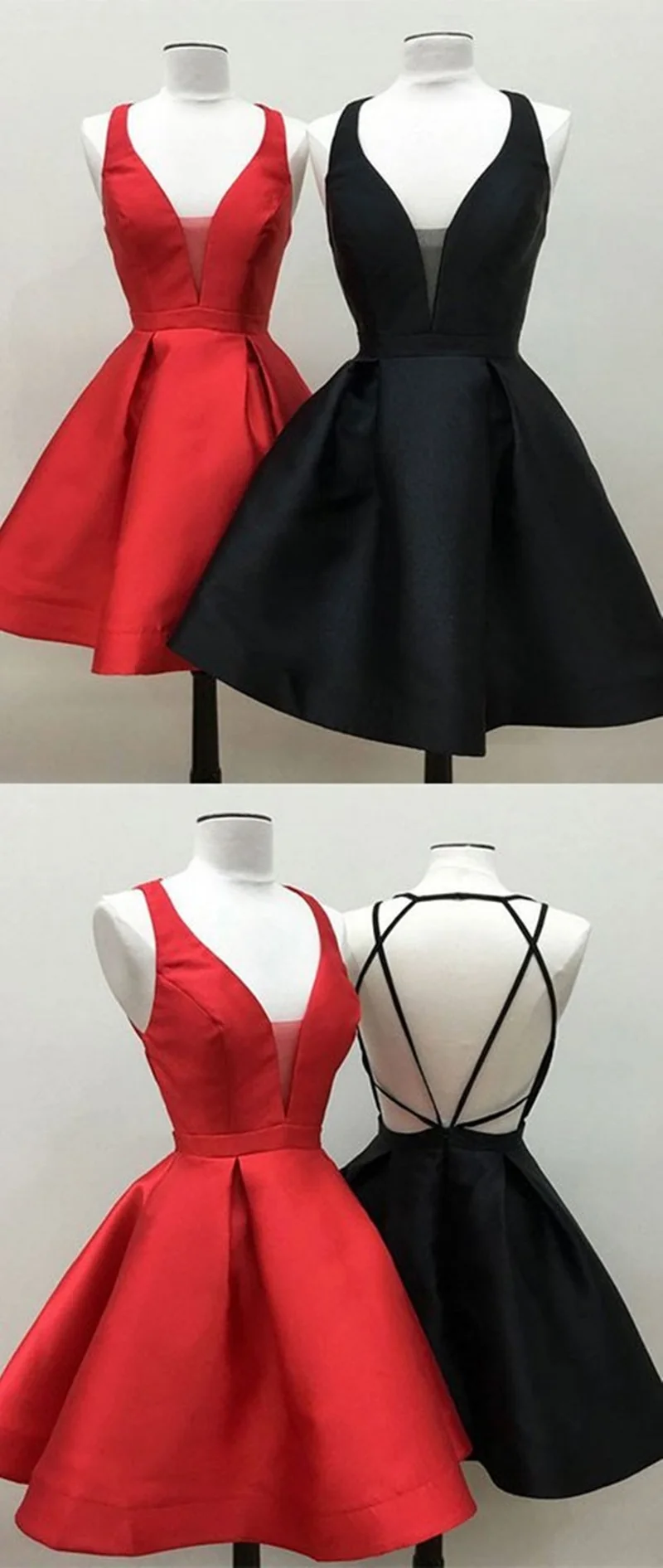 Robe de bal courte rouge/noire élégante à col en V et dos nu, idéale pour les soirées de rentrée et les occasions formelles.