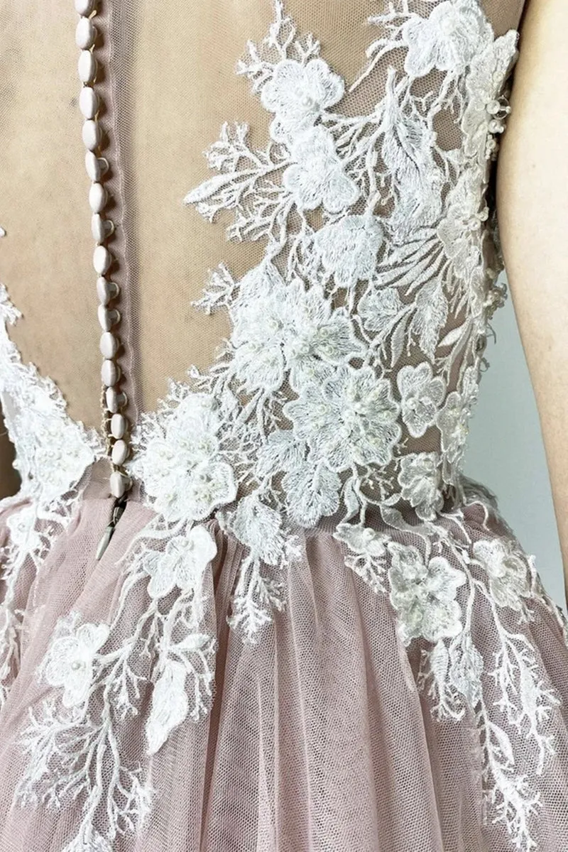 Robe de bal élégante en dentelle rose, manches courtes, col rond, robe de soirée courte