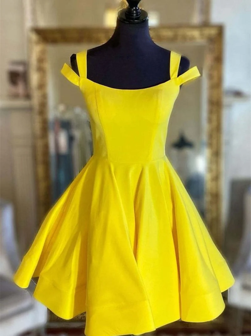 Superbe robe de bal courte en satin jaune à épaules dénudées, élégante robe de soirée de retour à la maison