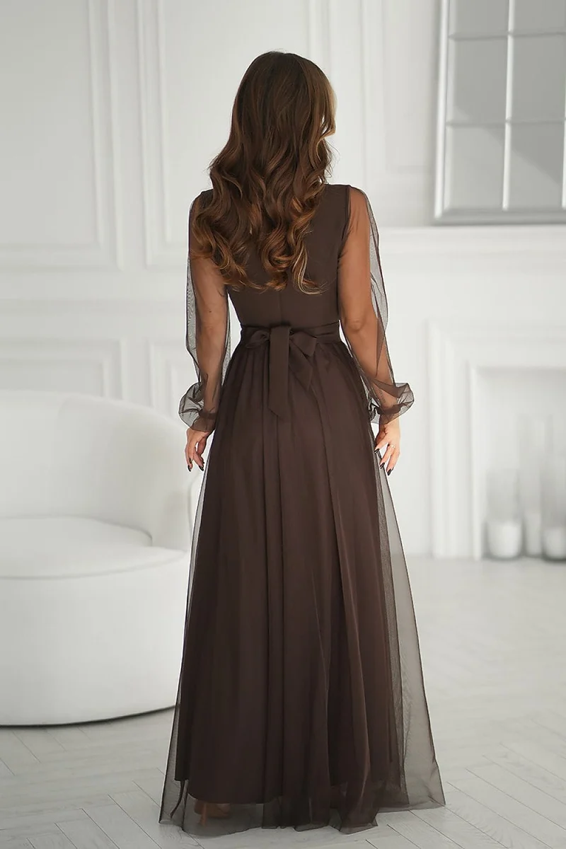 Robe de soirée marron longue fendue chic