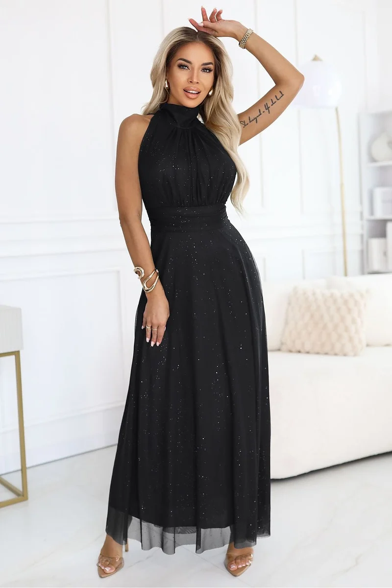 Robe de soirée longue noire pailletée ras-de-cou