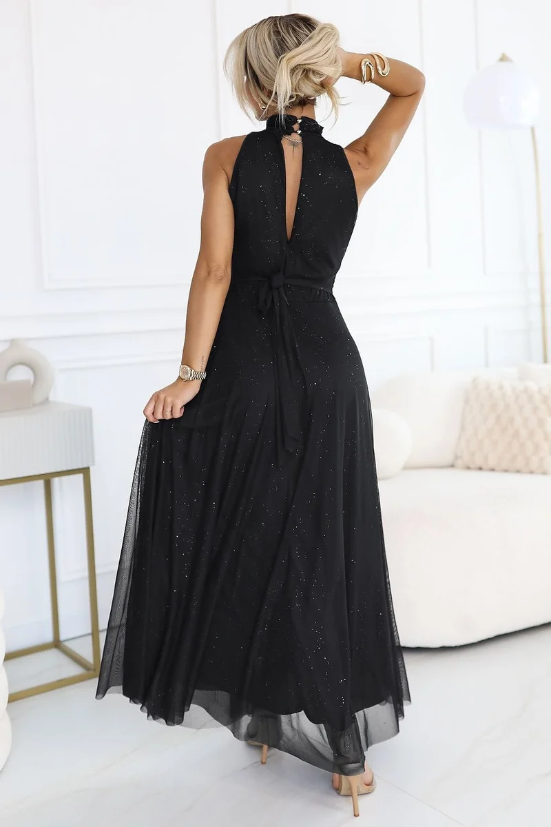 Robe de soirée longue noire pailletée ras-de-cou