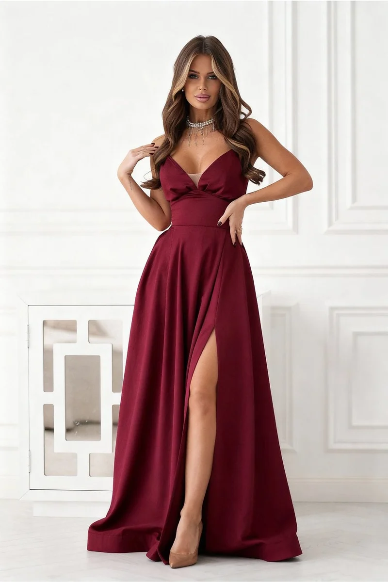 Robe de bal longue fendue bordeaux