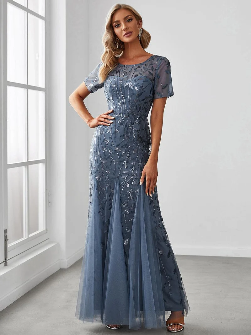 Robes demoiselle d'honneur Sirène en Tulle à Imprimé Floral et Paillettes