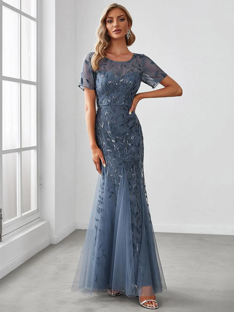 Robes demoiselle d'honneur Sirène en Tulle à Imprimé Floral et Paillettes