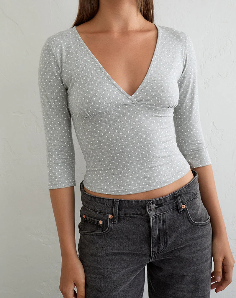 Haut à manches trois-quarts Netacy, gris chiné à micro-pois blancs