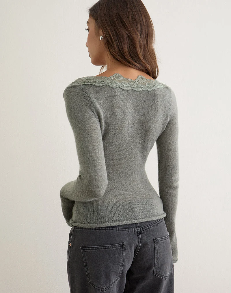 Haut à manches longues Semra en maille transparente, gris sauge