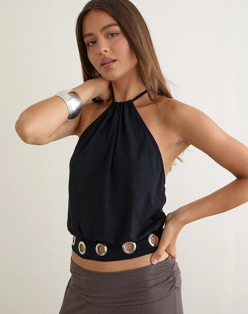 Halter Dolga à ourlet ajouré, noir