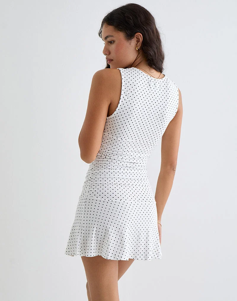 Luscian Plunge Mini Dress in White with Micro Polka Black (Mini robe plongeante en blanc avec micro-polka noir)