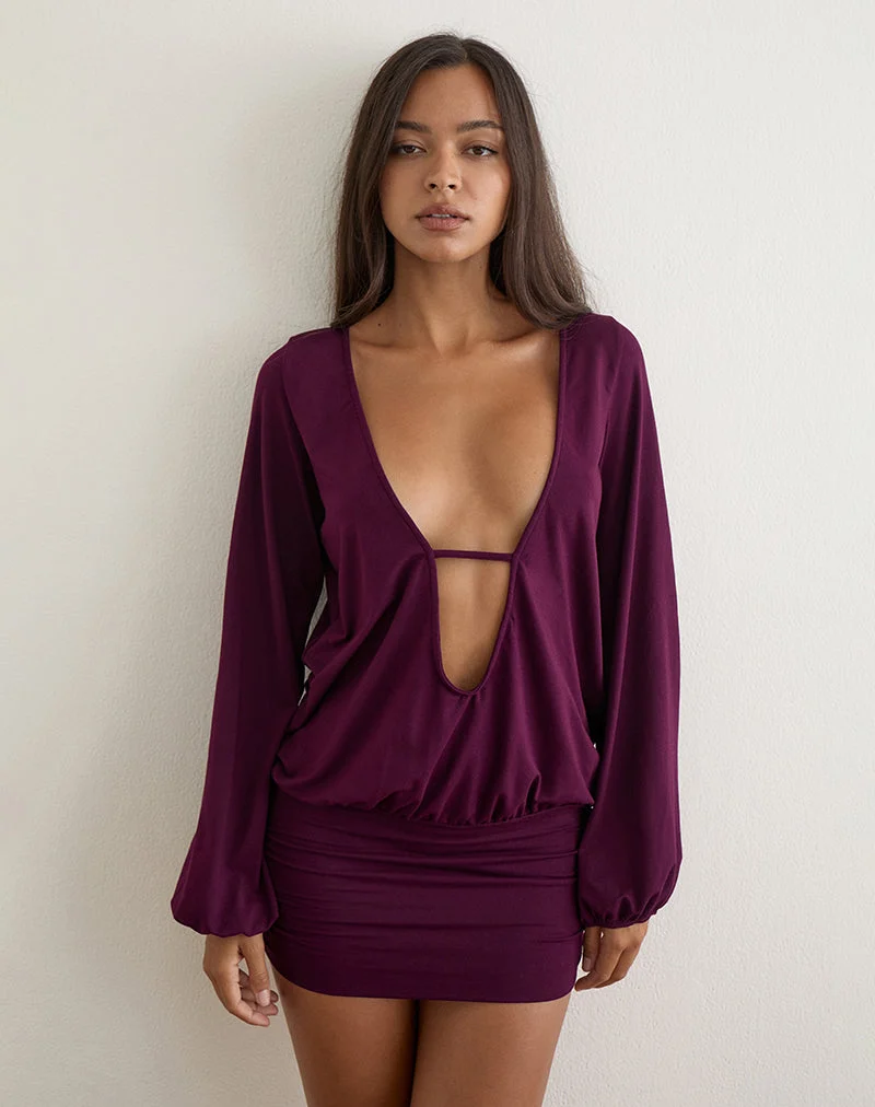 Mini-robe à manches longues et décolleté plongeant « Bede », couleur figue
