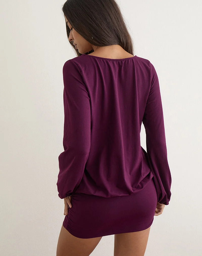 Mini-robe à manches longues et décolleté plongeant « Bede », couleur figue