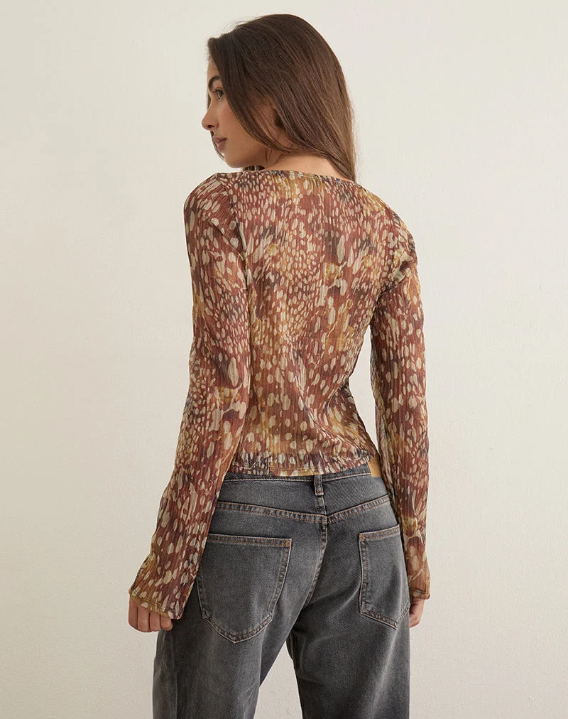 Haut Saezuru, plissé chatoyant, motif dalmatien, couleur « Shadow Honey Brown »