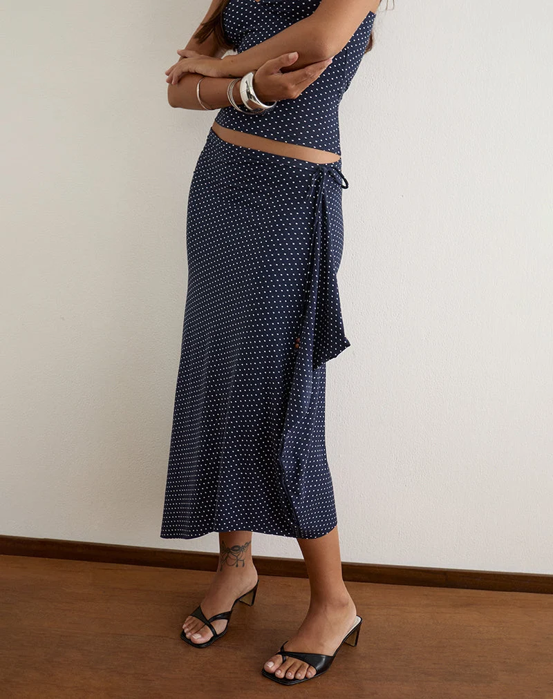 Jupe longue Phemia ornée de perles, en jersey bleu marine à micro-motif à pois