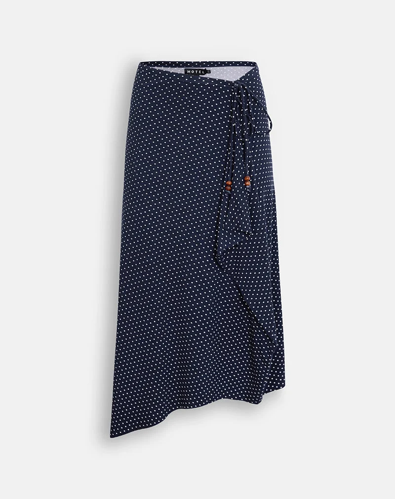 Jupe longue Phemia ornée de perles, en jersey bleu marine à micro-motif à pois