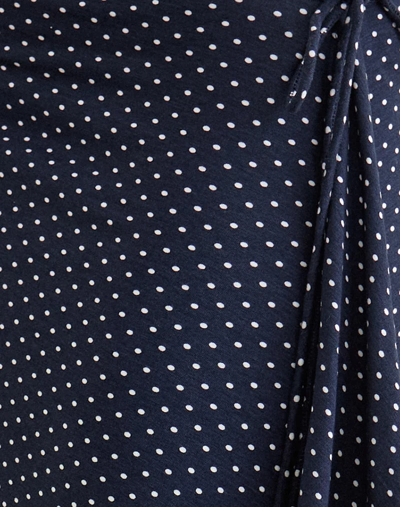 Jupe longue Phemia ornée de perles, en jersey bleu marine à micro-motif à pois