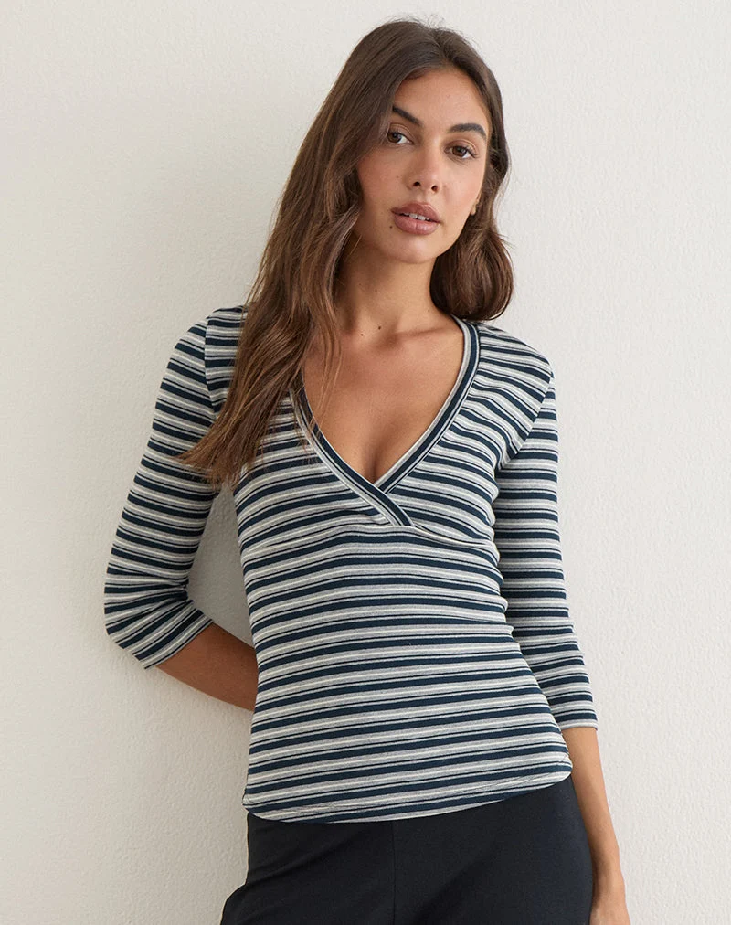 Haut Silea en jersey rayé bleu marine et gris