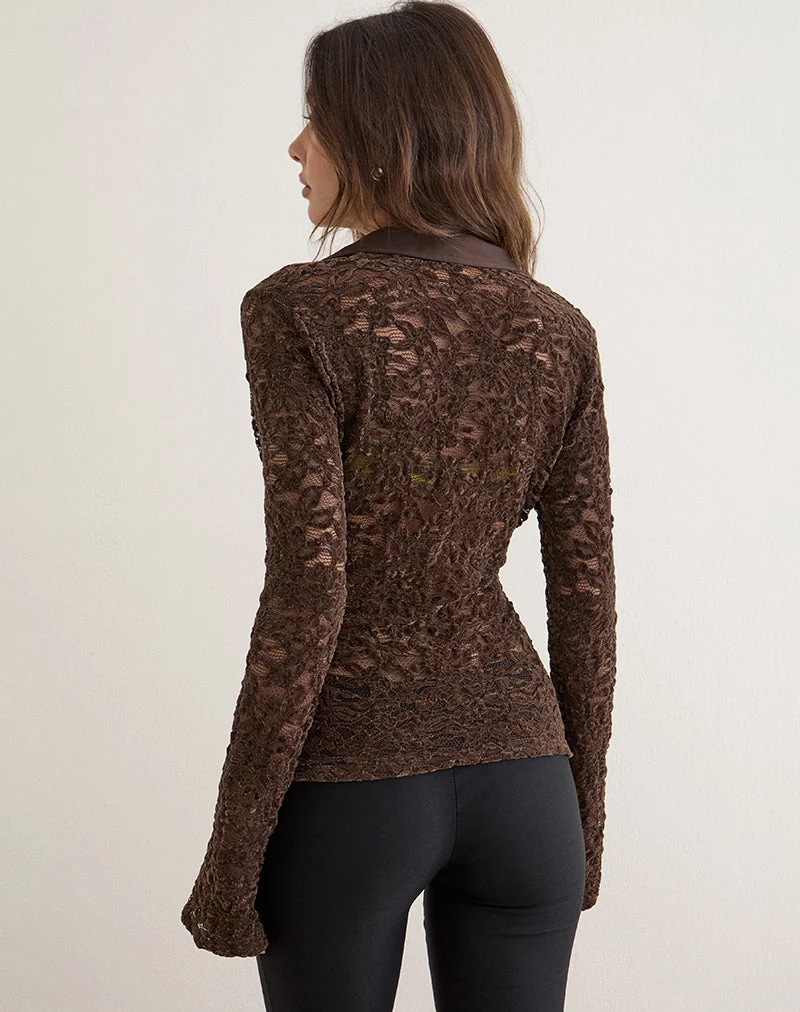 Chemise ajustée Tamy en dentelle marron