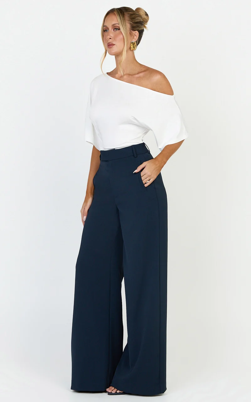 Selena Pants - High Waisted Wide Leg Tailored Pants in Navy