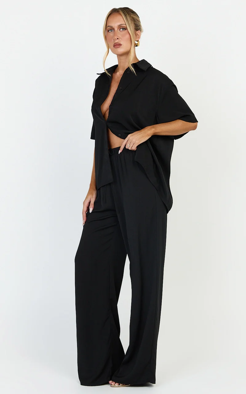 Robyn Pants - High Elastic Waist Relaxed Straight Leg Pants in Black