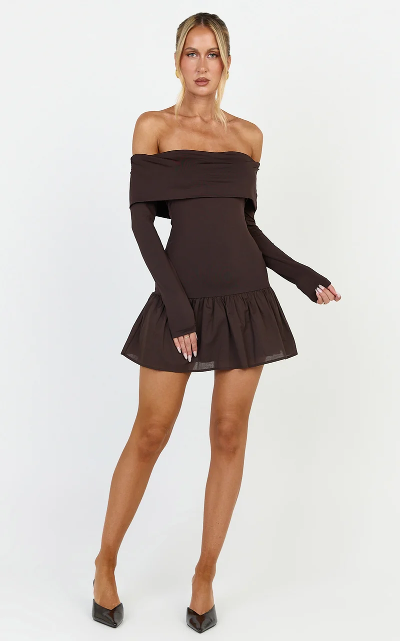 Remi Mini Dress - Mixed Media Overlay Detail Off-shoulder Long Sleeve Dropped Waist Mini Dress in Chocolate