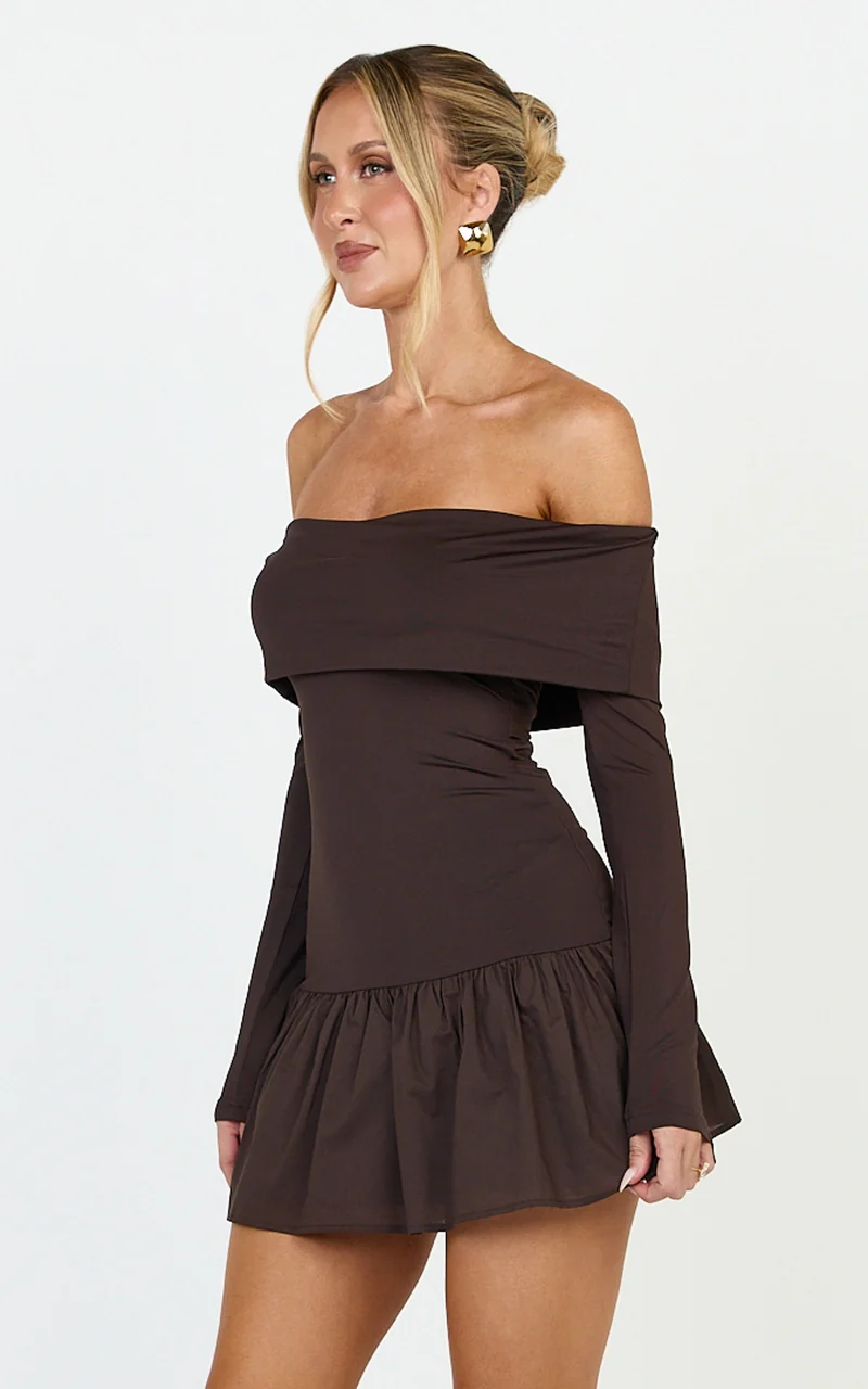 Remi Mini Dress - Mixed Media Overlay Detail Off-shoulder Long Sleeve Dropped Waist Mini Dress in Chocolate
