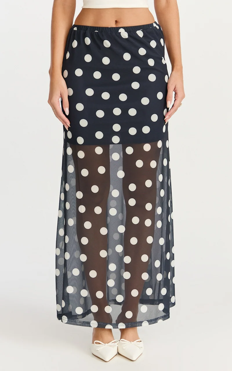 Ella Midi Skirt - Sheer Layered Skirt in Navy Polka Dot