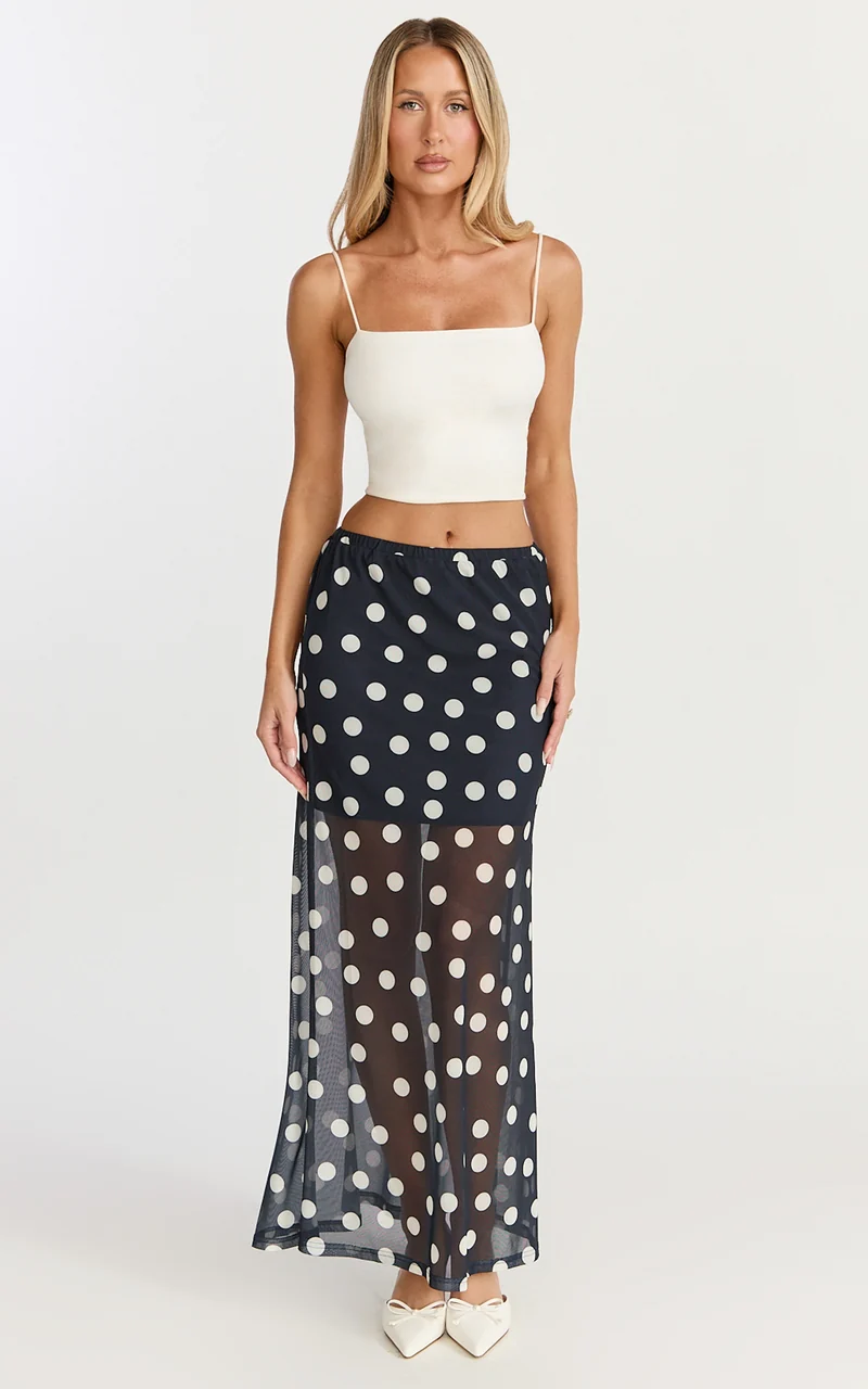 Ella Midi Skirt - Sheer Layered Skirt in Navy Polka Dot