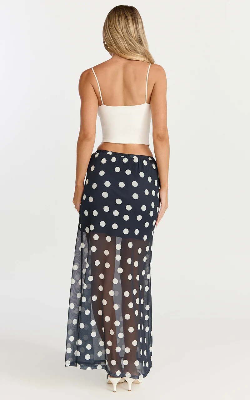 Ella Midi Skirt - Sheer Layered Skirt in Navy Polka Dot