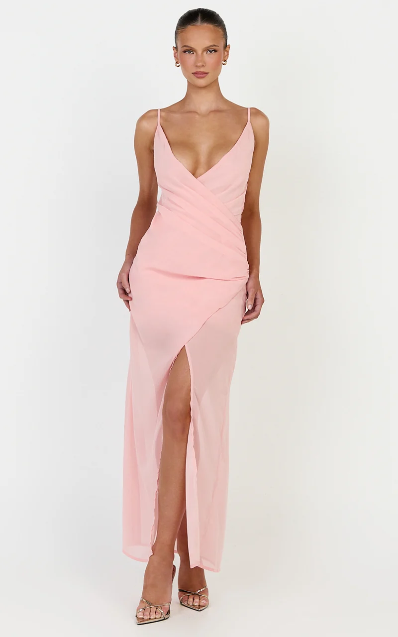 Hillary Maxi Dress - Draped V Neck Low Back Dress in Rose