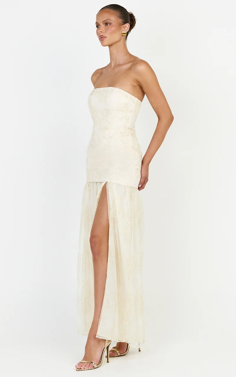 Brielle Maxi Dress - Strapless Gathered Fit & Flare Lace Dress in Champagne
