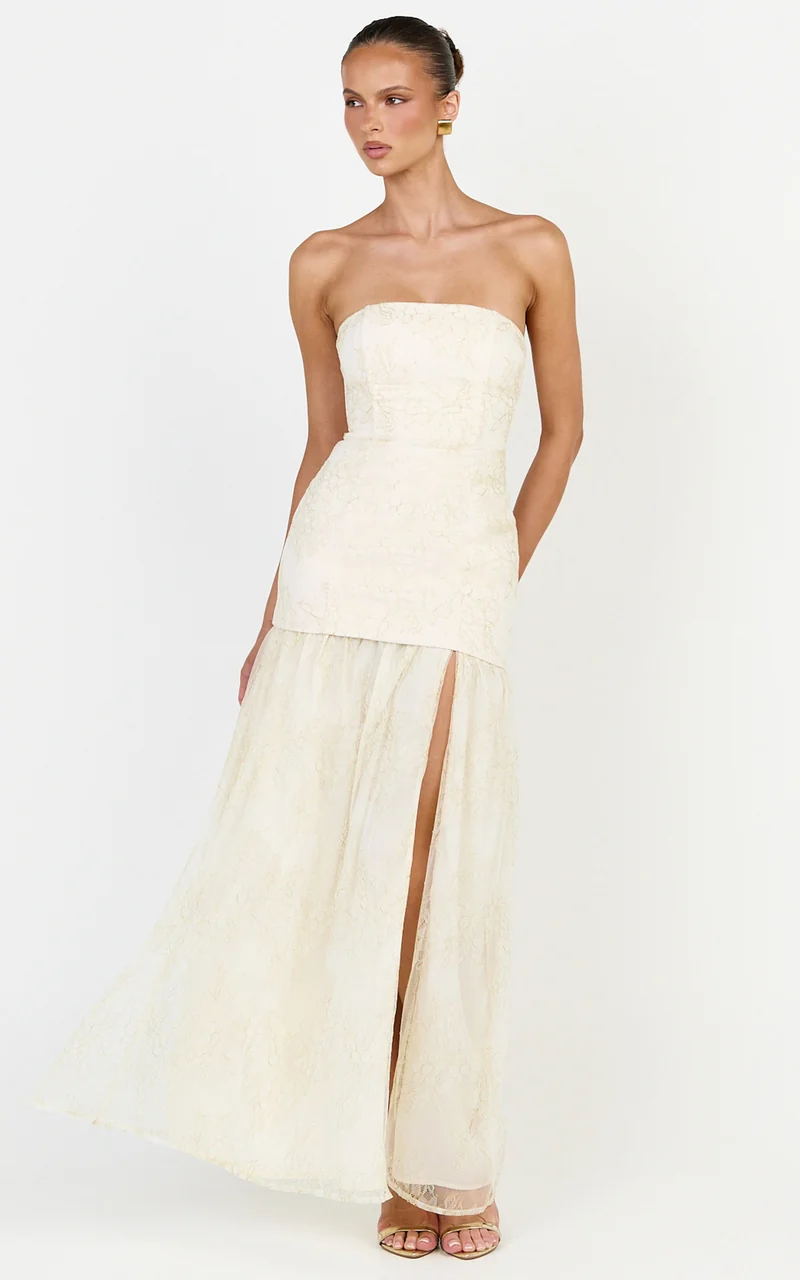 Brielle Maxi Dress - Strapless Gathered Fit & Flare Lace Dress in Champagne