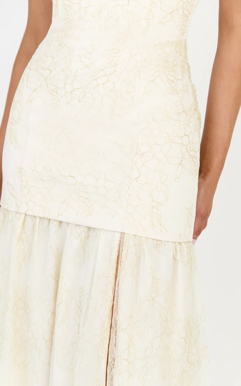 Brielle Maxi Dress - Strapless Gathered Fit & Flare Lace Dress in Champagne