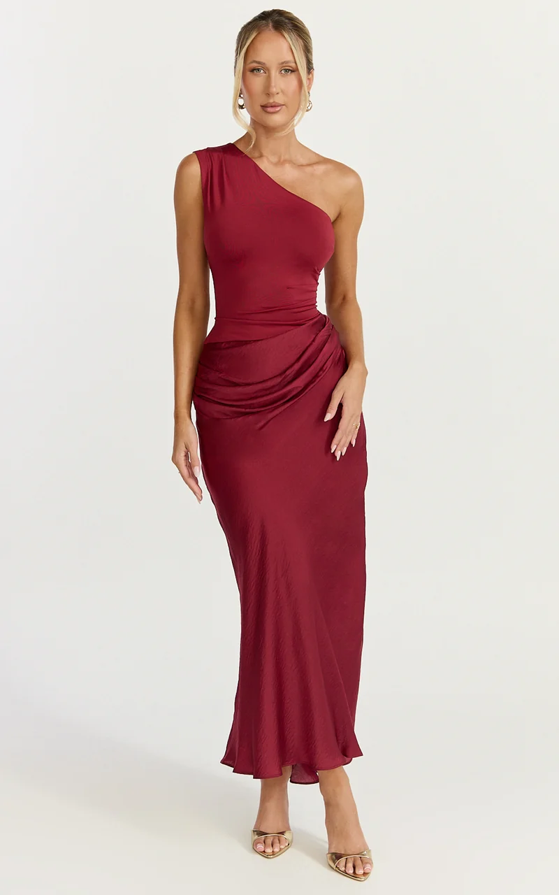 Astrid Midi Dress - One Shoulder Contrast Satin Dress in Wine