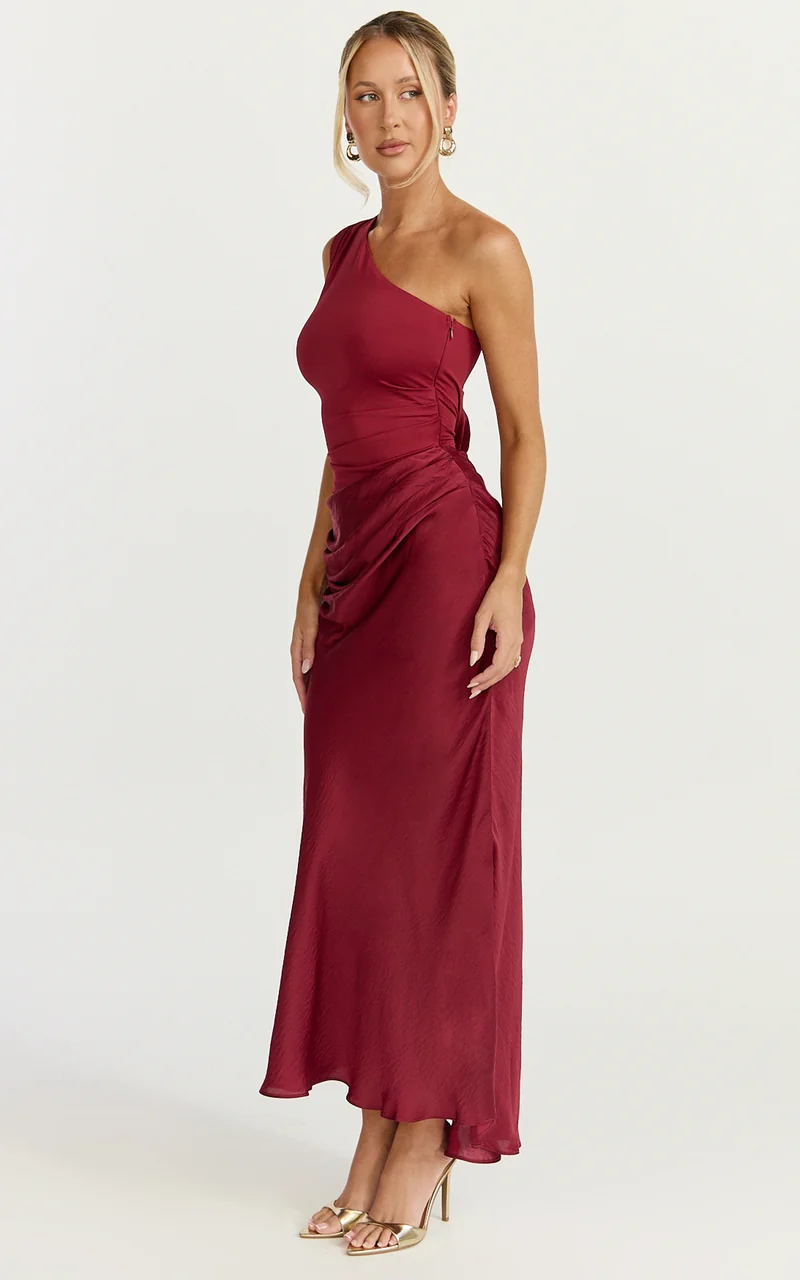 Astrid Midi Dress - One Shoulder Contrast Satin Dress in Wine