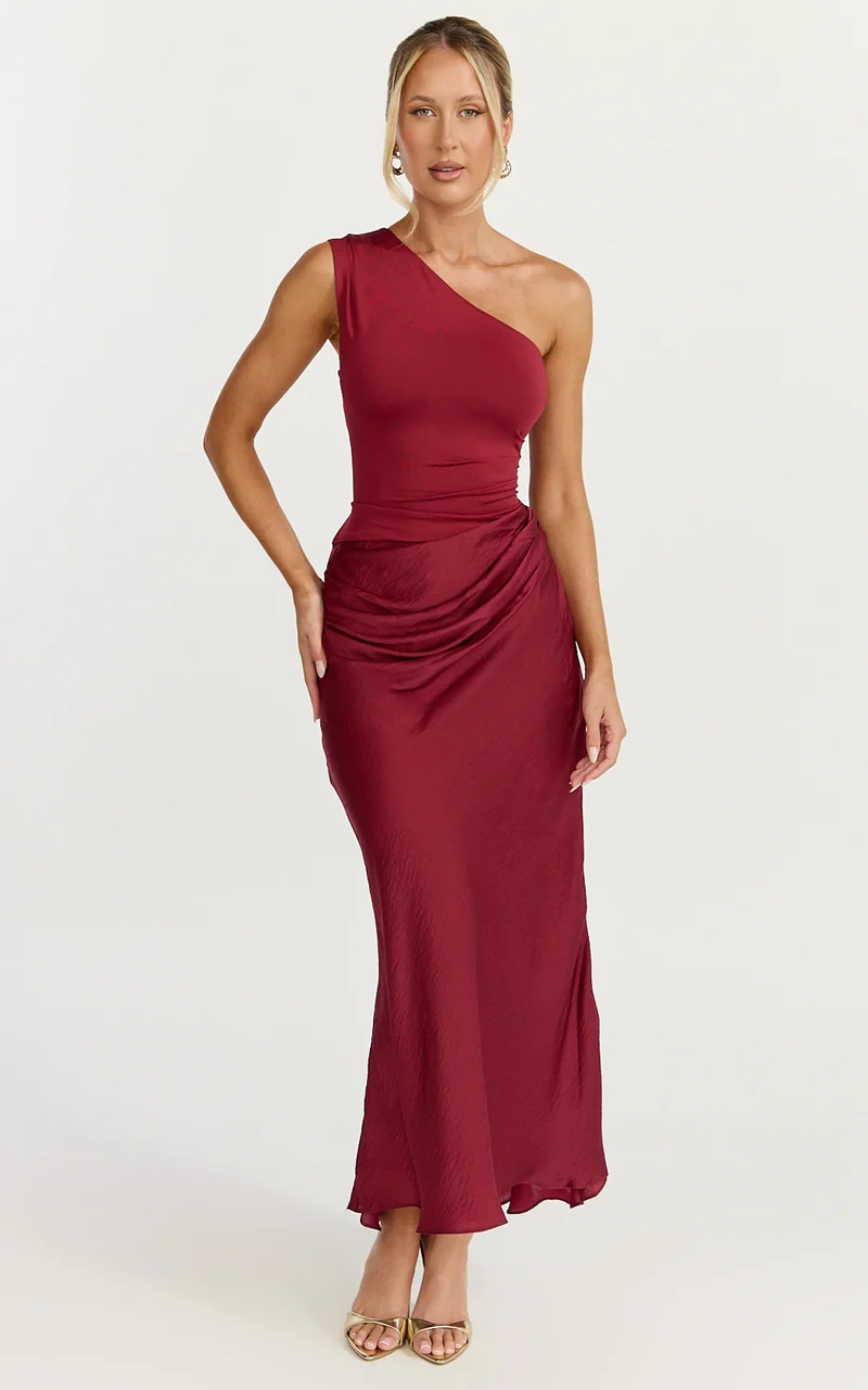 Astrid Midi Dress - One Shoulder Contrast Satin Dress in Wine