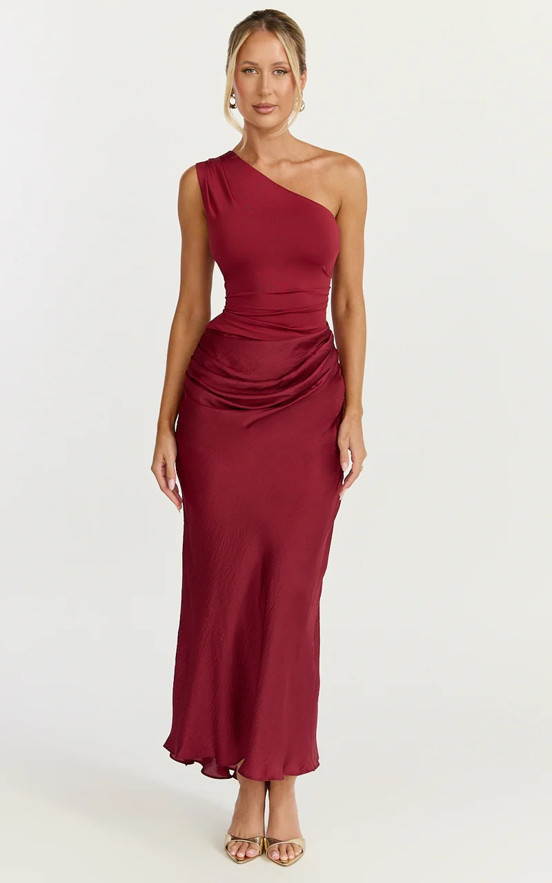 Astrid Midi Dress - One Shoulder Contrast Satin Dress in Wine