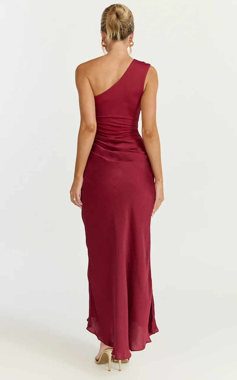 Astrid Midi Dress - One Shoulder Contrast Satin Dress in Wine