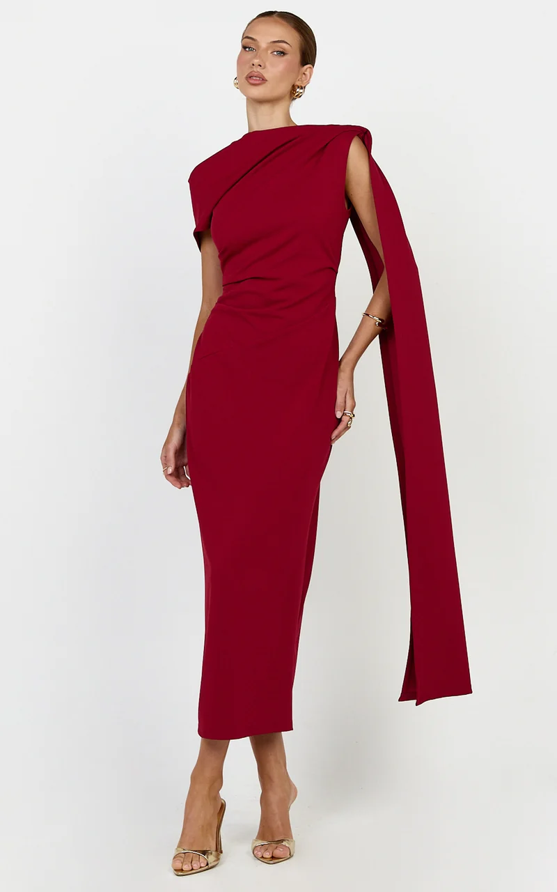 Visenta Midi Dress - Asymmetrical Sleeve Dress in Wine
