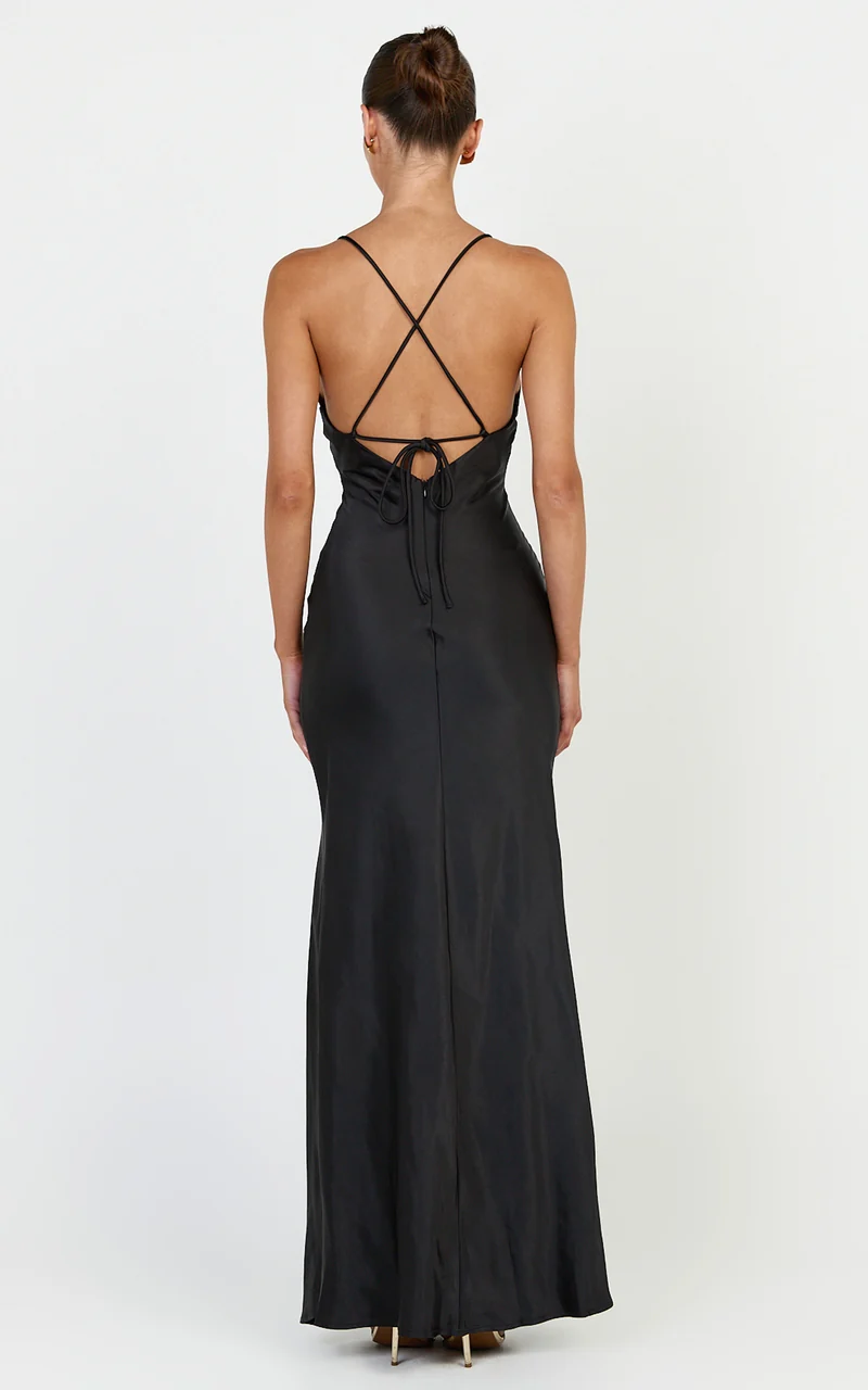 Georgie Maxi Dress - Satin V Neck Bias Cut Slip Dress in Black