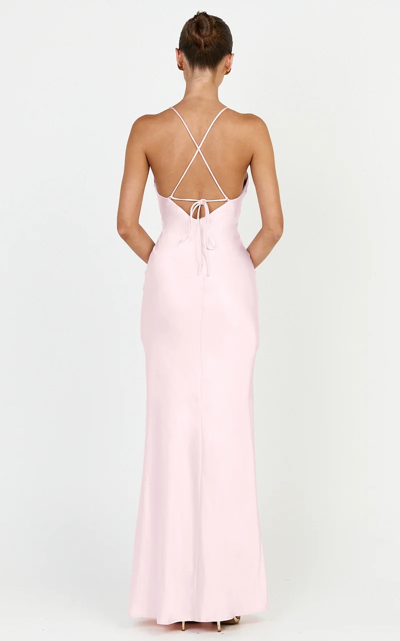 Georgie Maxi Dress - Satin V Neck Bias Cut Slip Dress in Pink