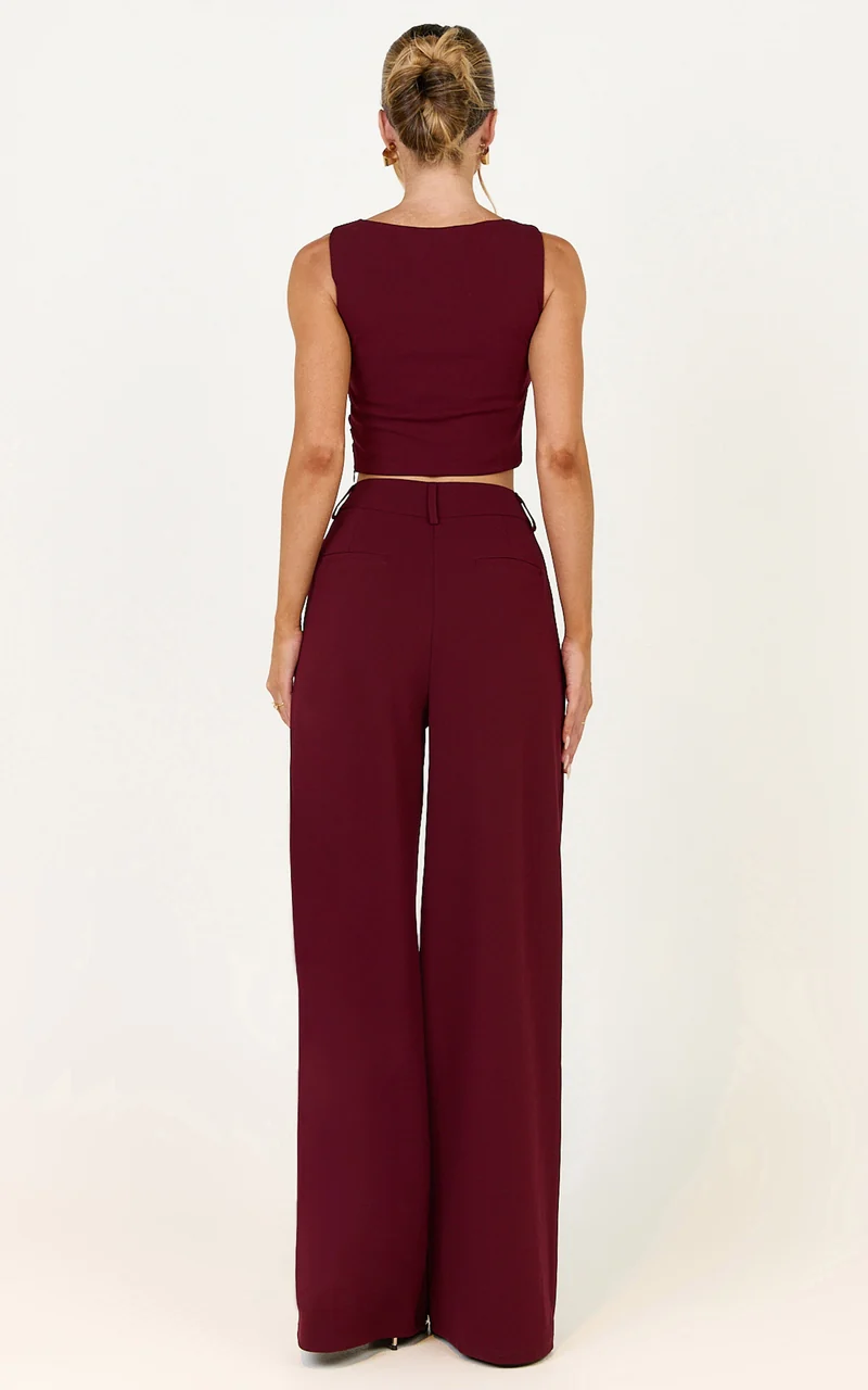 Helen Two Piece Set - Crepe Twisted Top And Wide Leg Pants in Wine